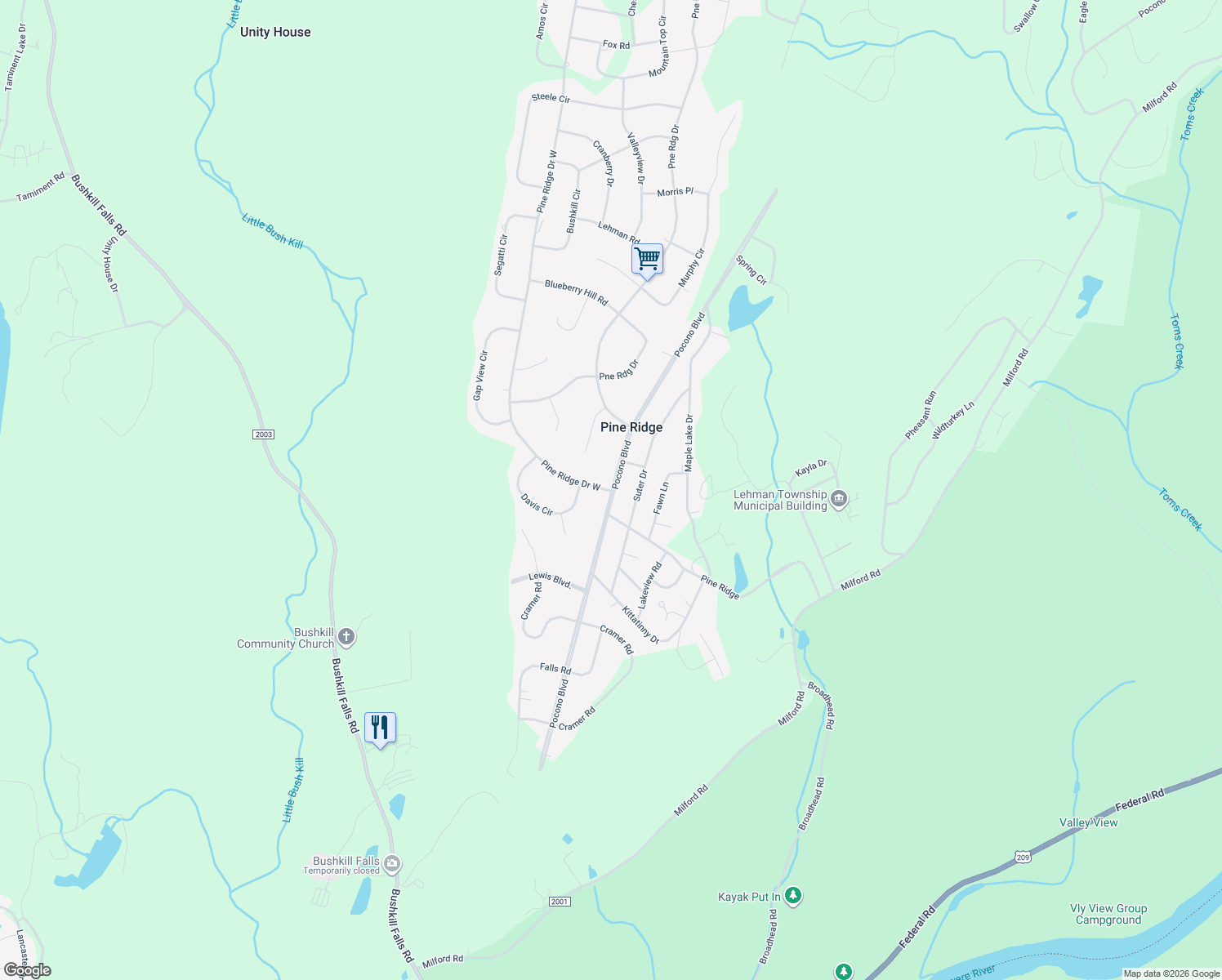 map of restaurants, bars, coffee shops, grocery stores, and more near 1783 Pine Ridge in Bushkill