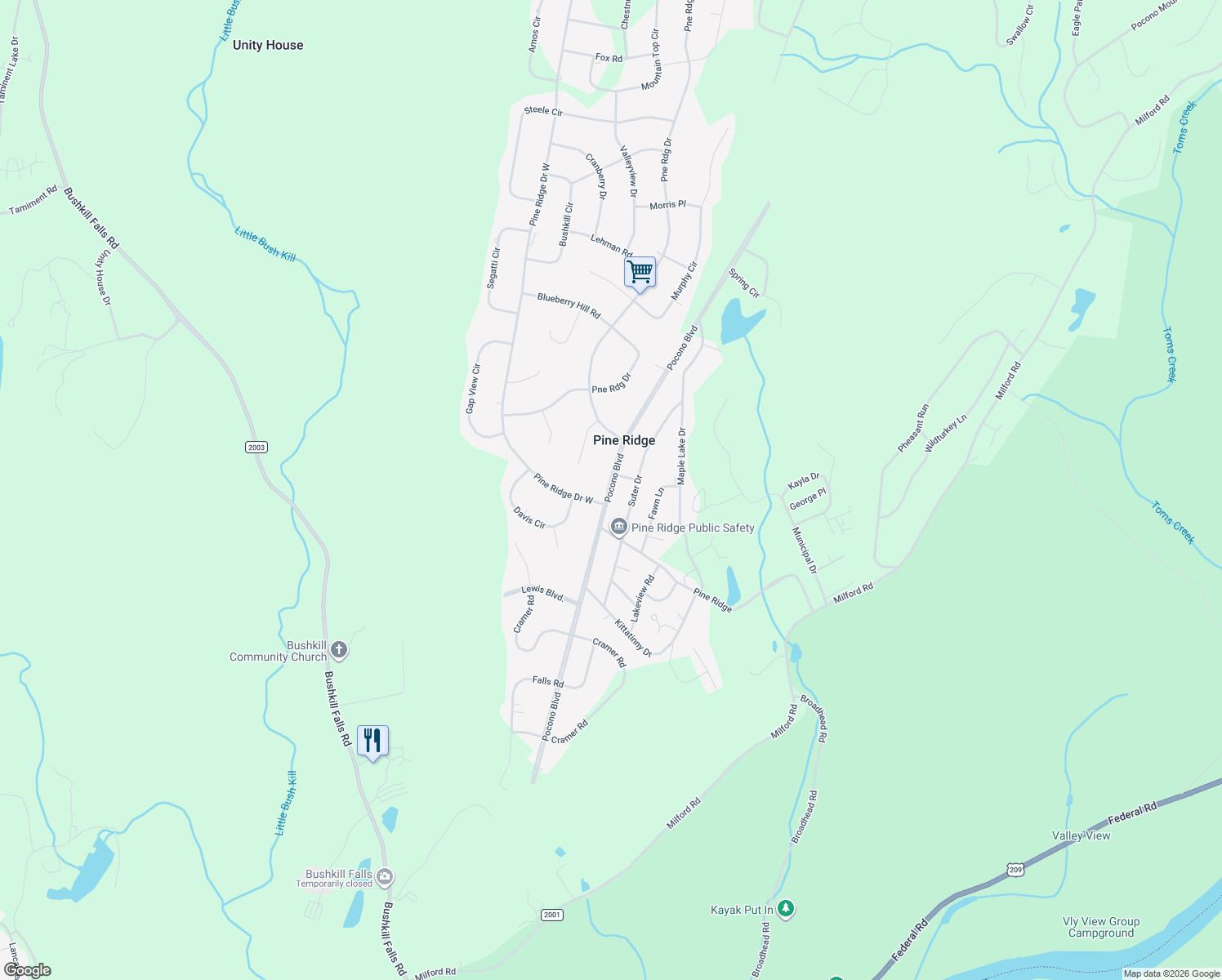 map of restaurants, bars, coffee shops, grocery stores, and more near Pocono Boulevard in Bushkill