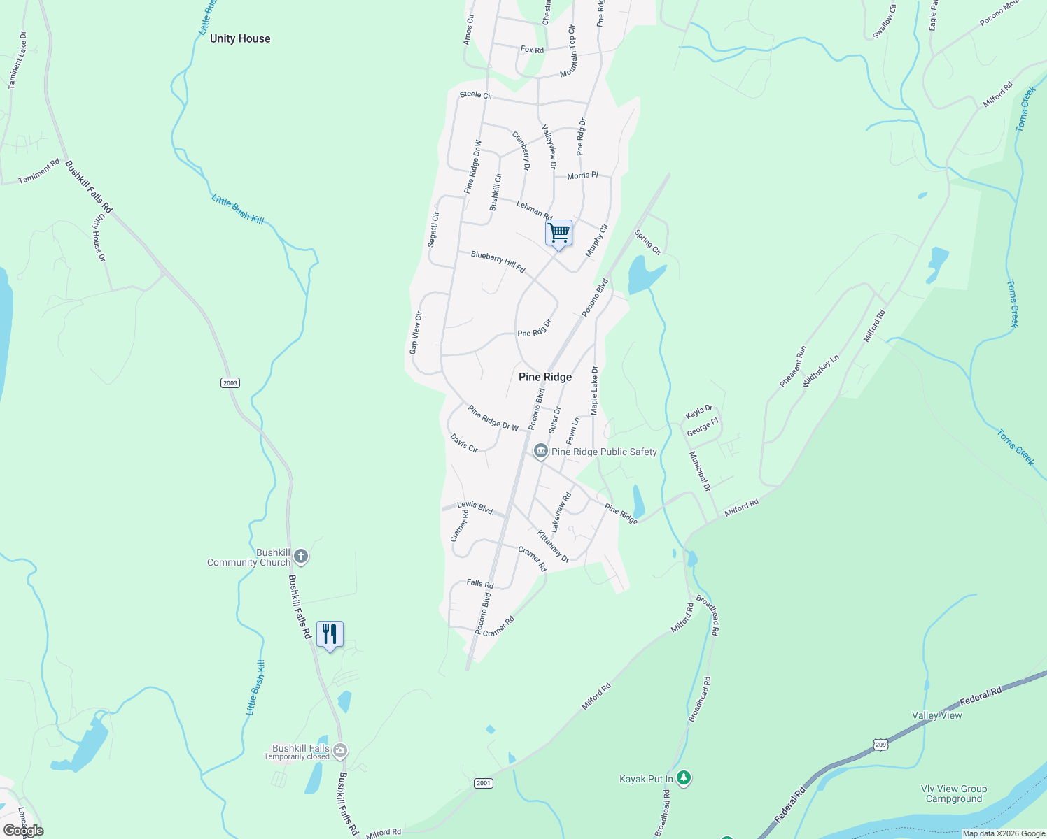 map of restaurants, bars, coffee shops, grocery stores, and more near 1783 Pine Ridge in Bushkill