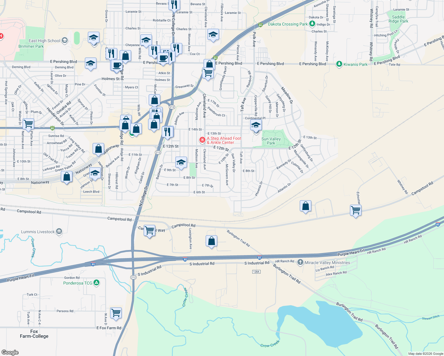 map of restaurants, bars, coffee shops, grocery stores, and more near 721 Cleveland Avenue in Cheyenne