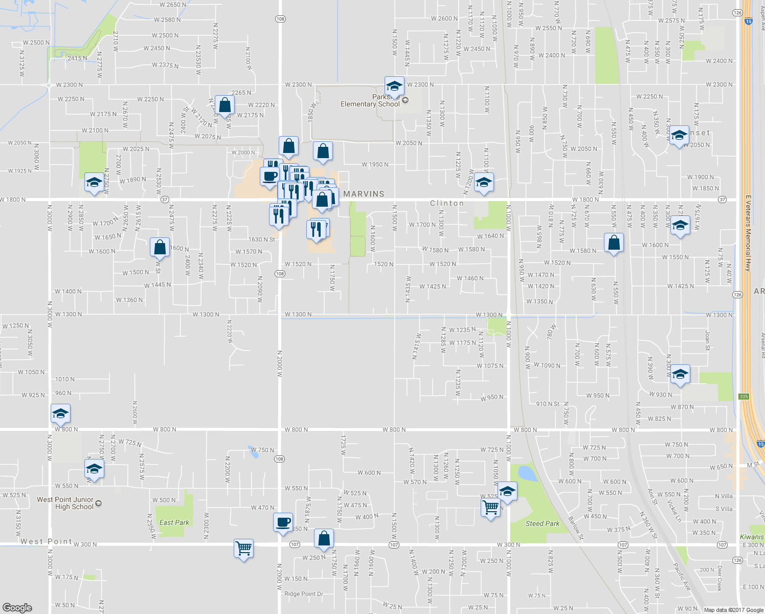 map of restaurants, bars, coffee shops, grocery stores, and more near 1329 North 1535 West in Clinton