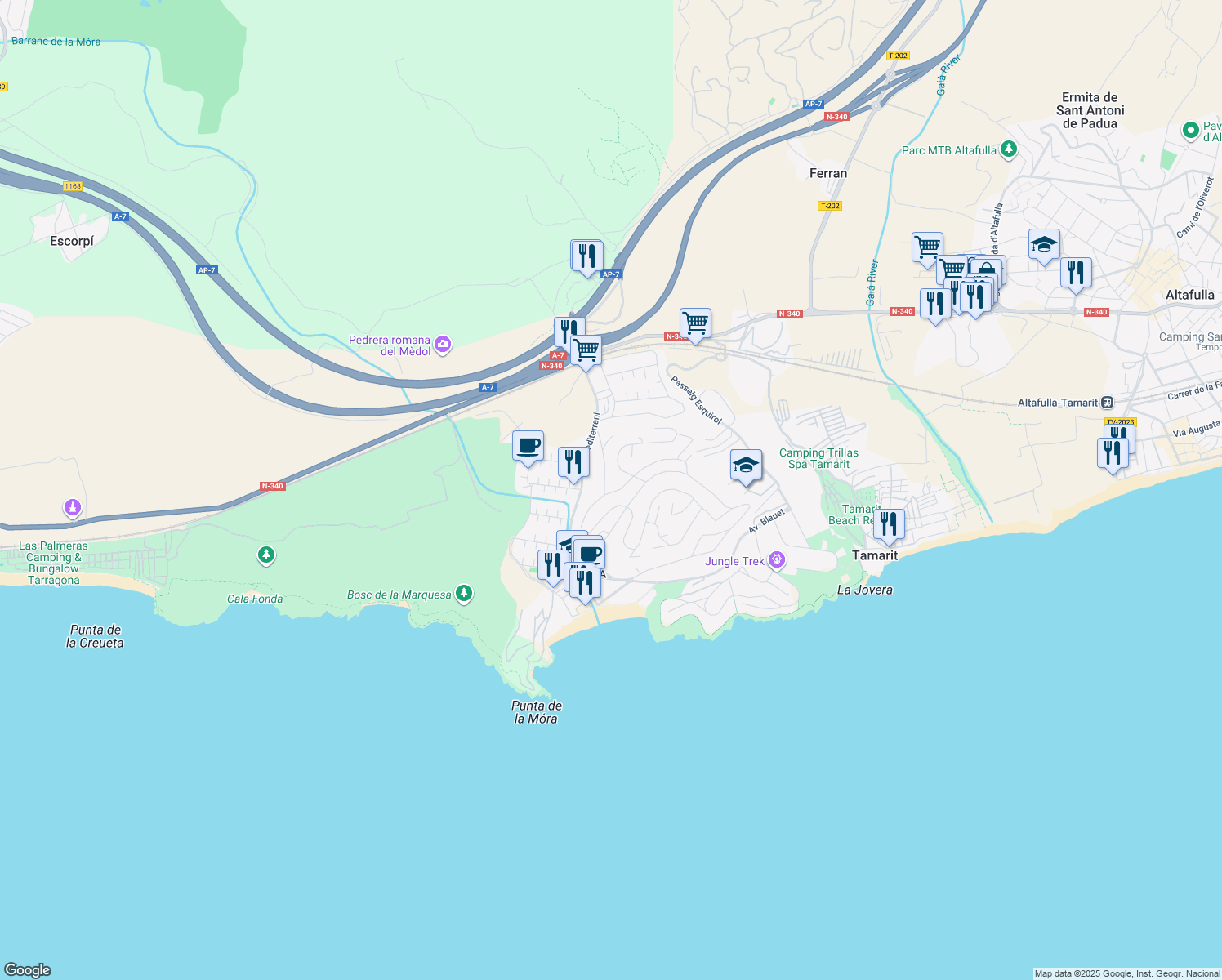 map of restaurants, bars, coffee shops, grocery stores, and more near 12 Carrer Alt Empordà in Tarragona