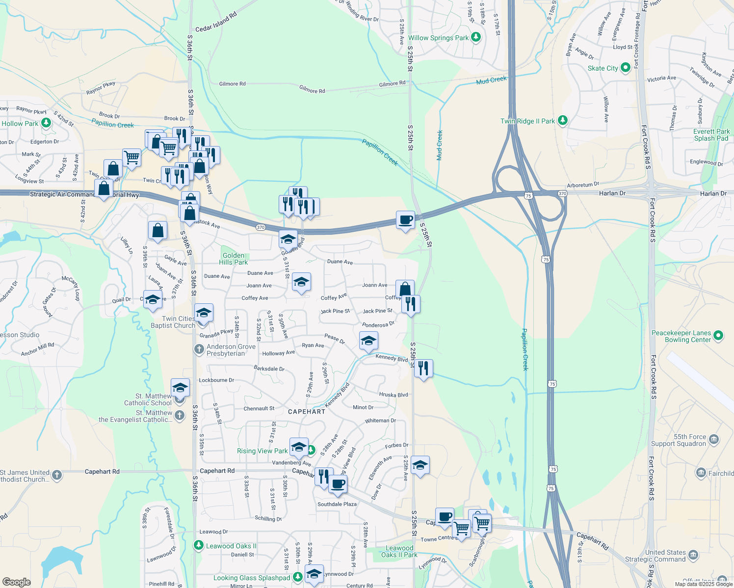 map of restaurants, bars, coffee shops, grocery stores, and more near 2614 Coffey Avenue in Bellevue