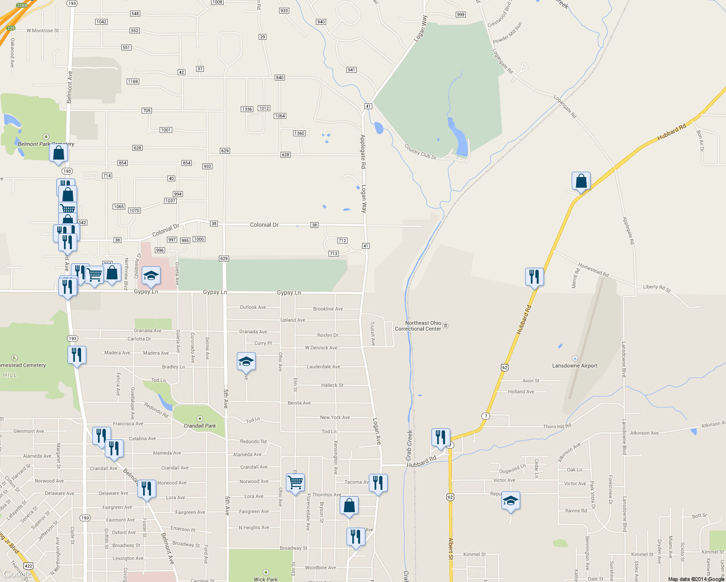map of restaurants, bars, coffee shops, grocery stores, and more near 2508 Applegate Road in Youngstown