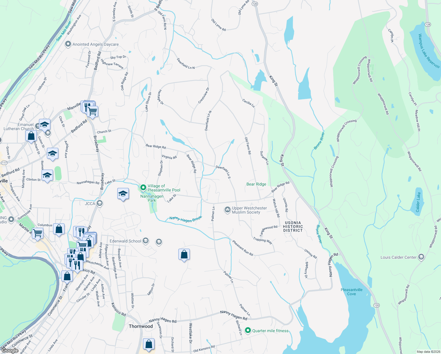 map of restaurants, bars, coffee shops, grocery stores, and more near 52 Deerfield Lane South in Pleasantville