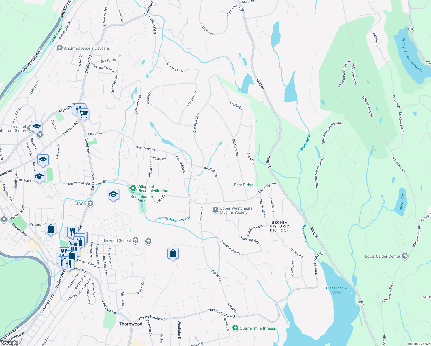 map of restaurants, bars, coffee shops, grocery stores, and more near 52 Deerfield Ln S in Pleasantville