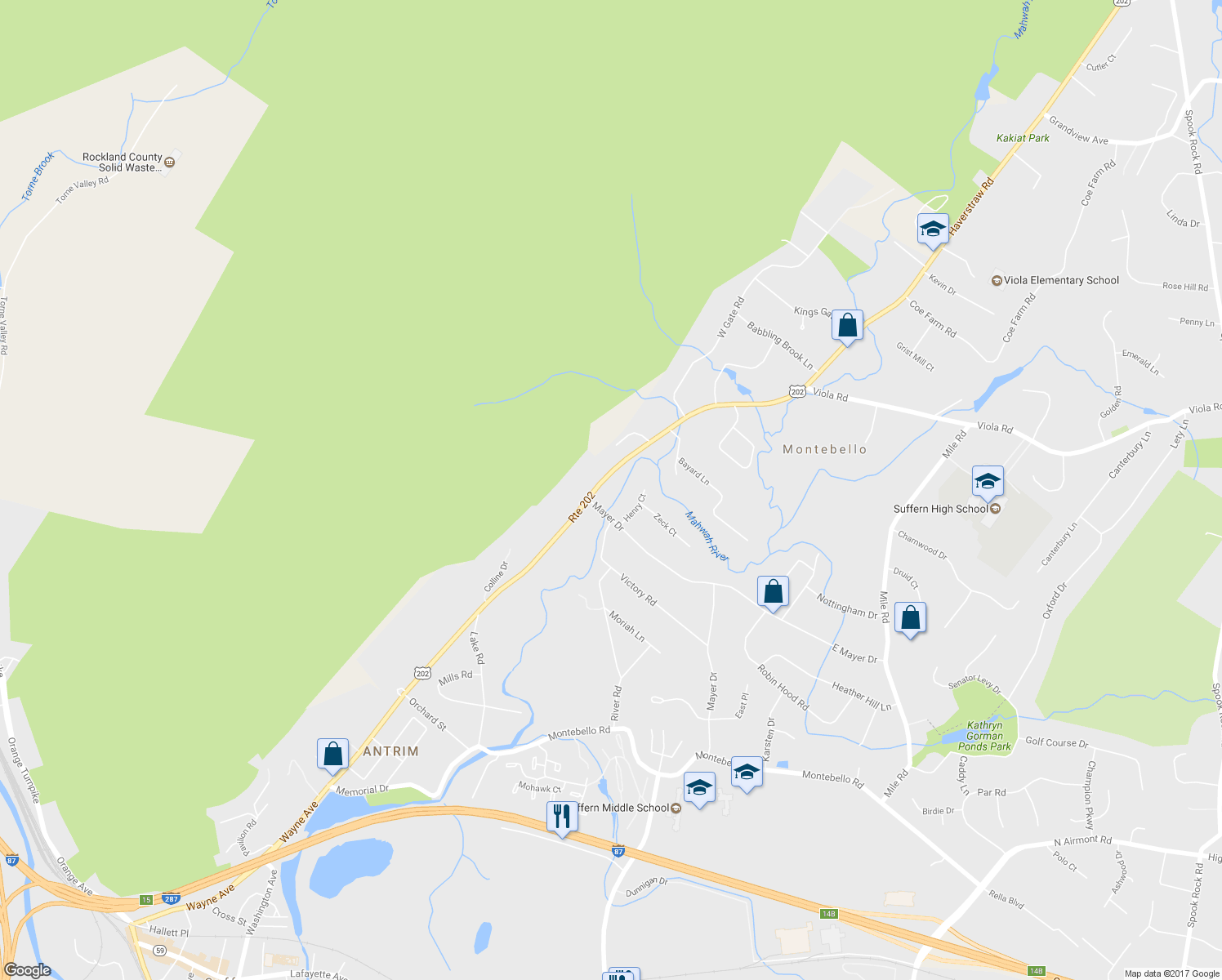map of restaurants, bars, coffee shops, grocery stores, and more near 333 Haverstraw Road in Suffern