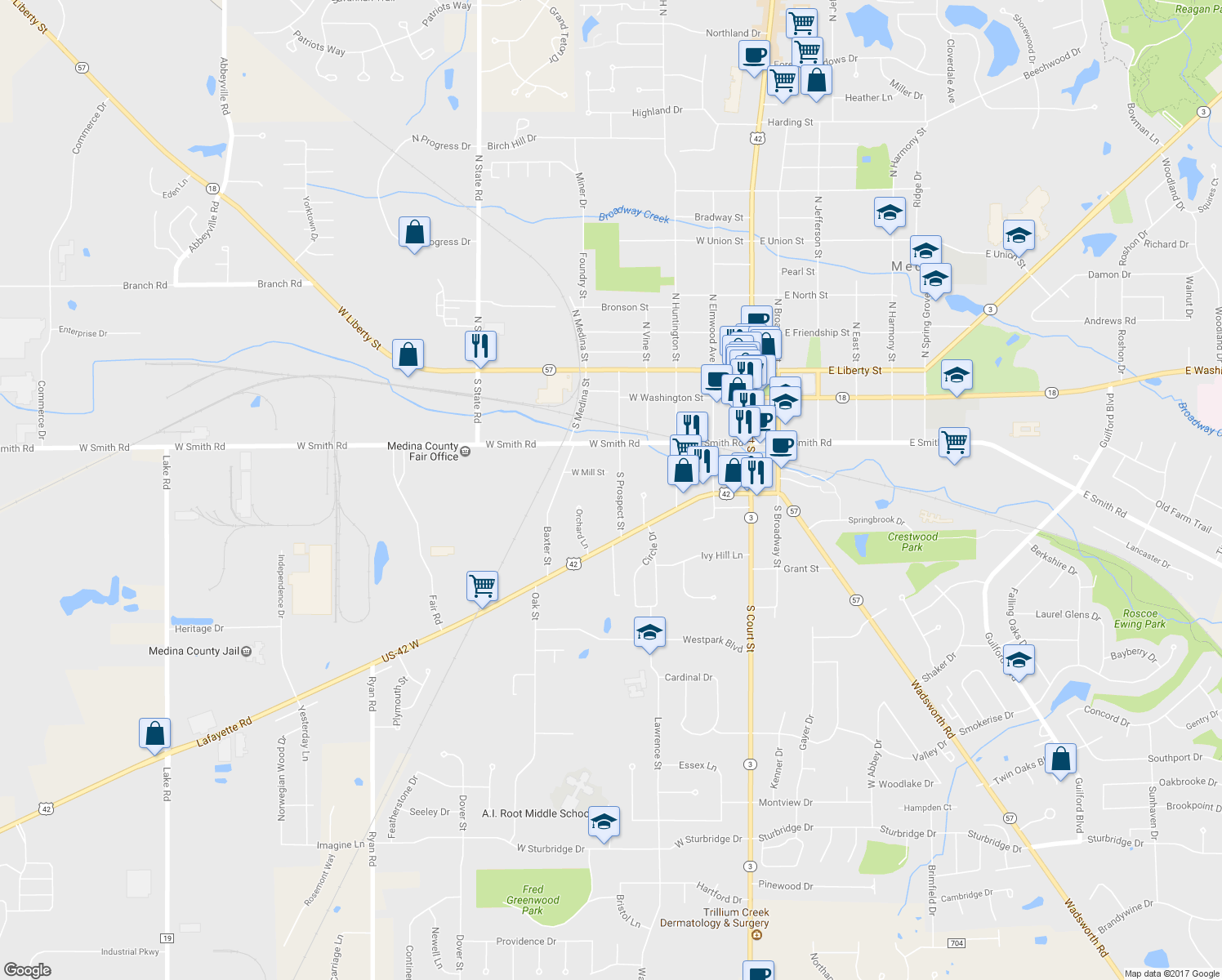 map of restaurants, bars, coffee shops, grocery stores, and more near 361 South Prospect Street in Medina