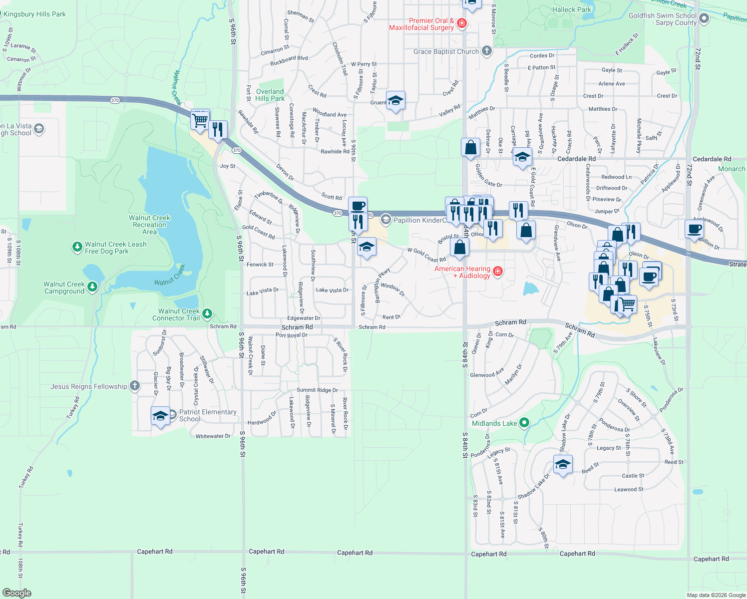 map of restaurants, bars, coffee shops, grocery stores, and more near 1706 Barrington Parkway in Papillion