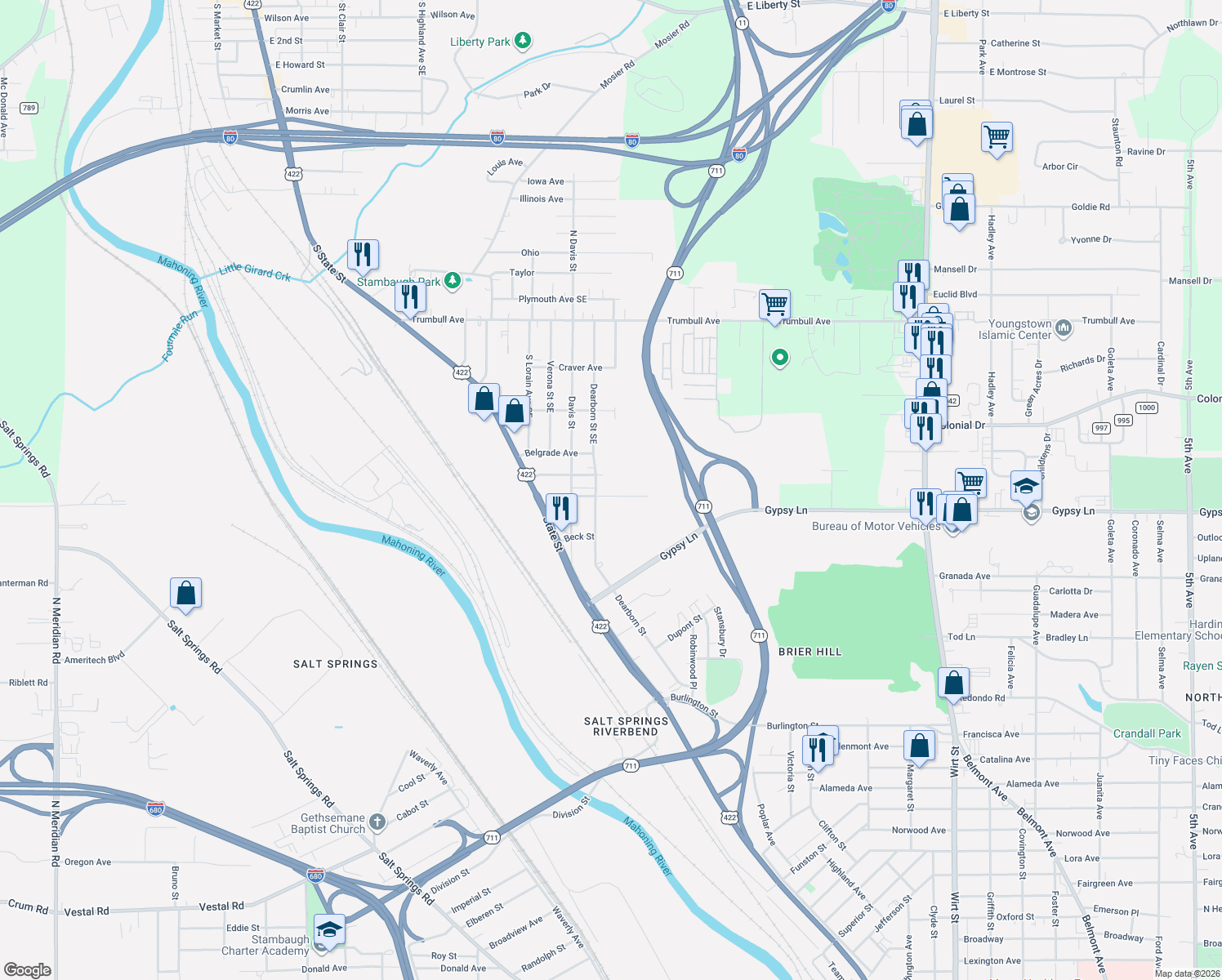 map of restaurants, bars, coffee shops, grocery stores, and more near 86 Broadview Avenue in Girard