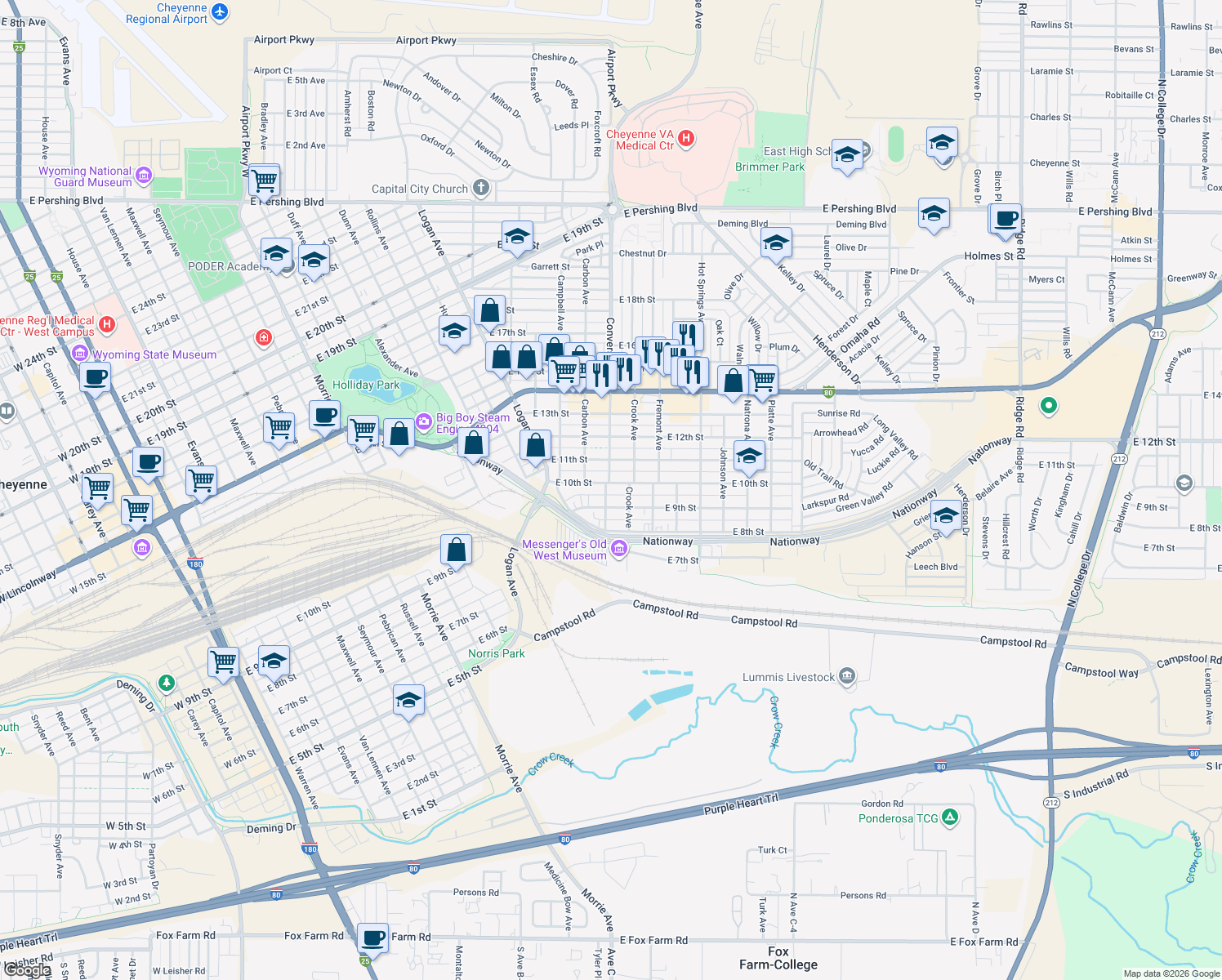 map of restaurants, bars, coffee shops, grocery stores, and more near 921 Converse Ave in Cheyenne