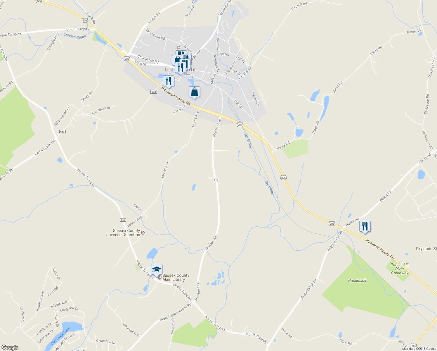 map of restaurants, bars, coffee shops, grocery stores, and more near 43 Newton Avenue in Branchville