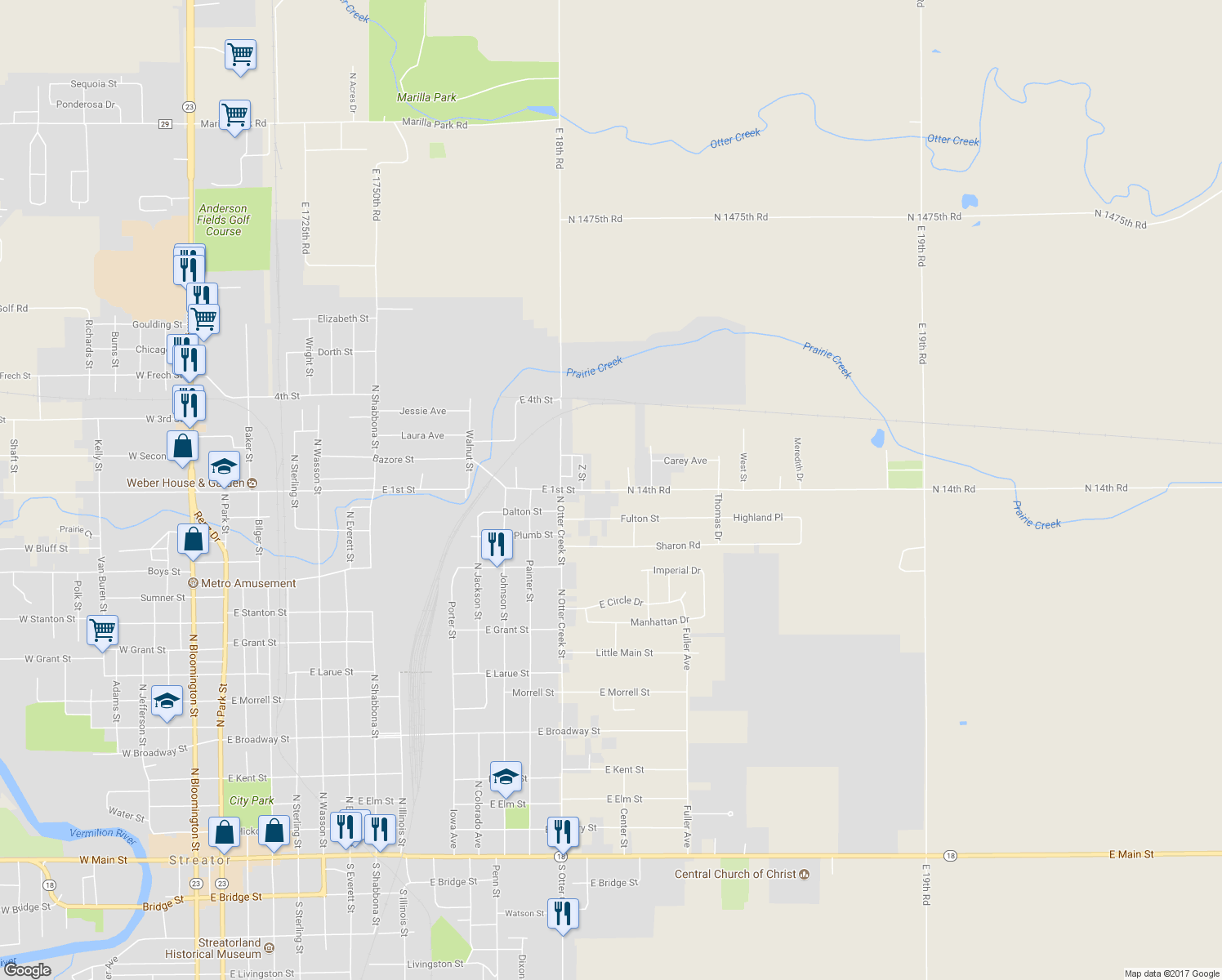 map of restaurants, bars, coffee shops, grocery stores, and more near 1900 East 1st Street in Streator