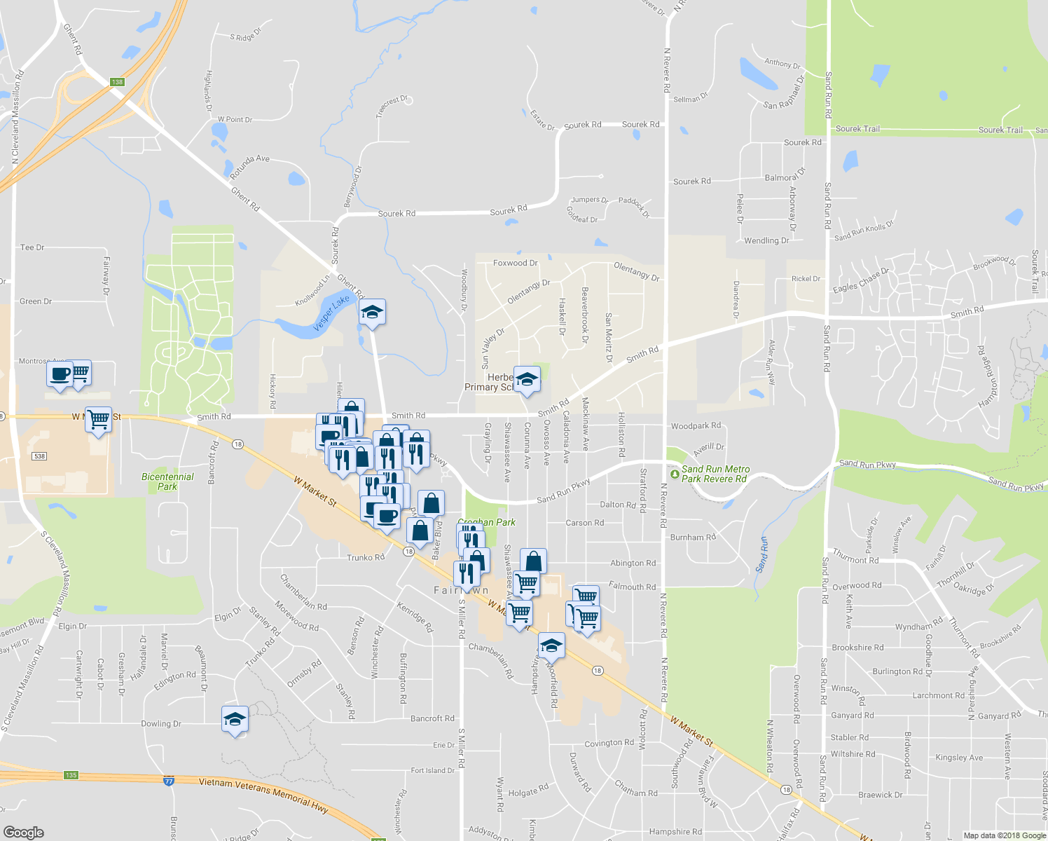 map of restaurants, bars, coffee shops, grocery stores, and more near 2668 Smith Road in Fairlawn