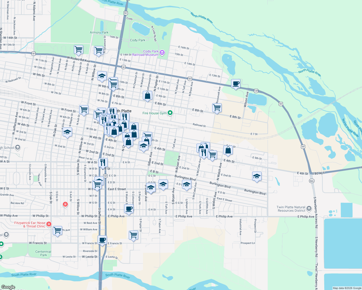 map of restaurants, bars, coffee shops, grocery stores, and more near 1199 E 5th St in North Platte