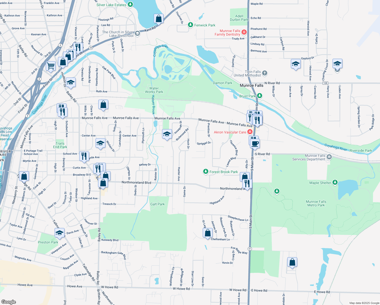 map of restaurants, bars, coffee shops, grocery stores, and more near 2141 Hoch Dr in Cuyahoga Falls