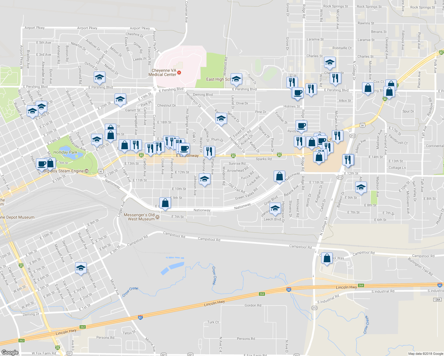 map of restaurants, bars, coffee shops, grocery stores, and more near 1108 Windmill Road in Cheyenne
