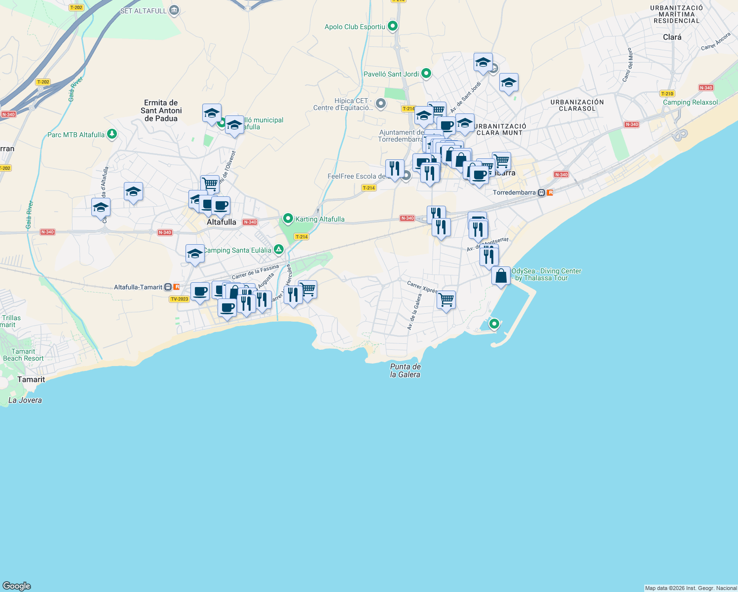 map of restaurants, bars, coffee shops, grocery stores, and more near 14 Carrer Mirador dels Munts in Altafulla