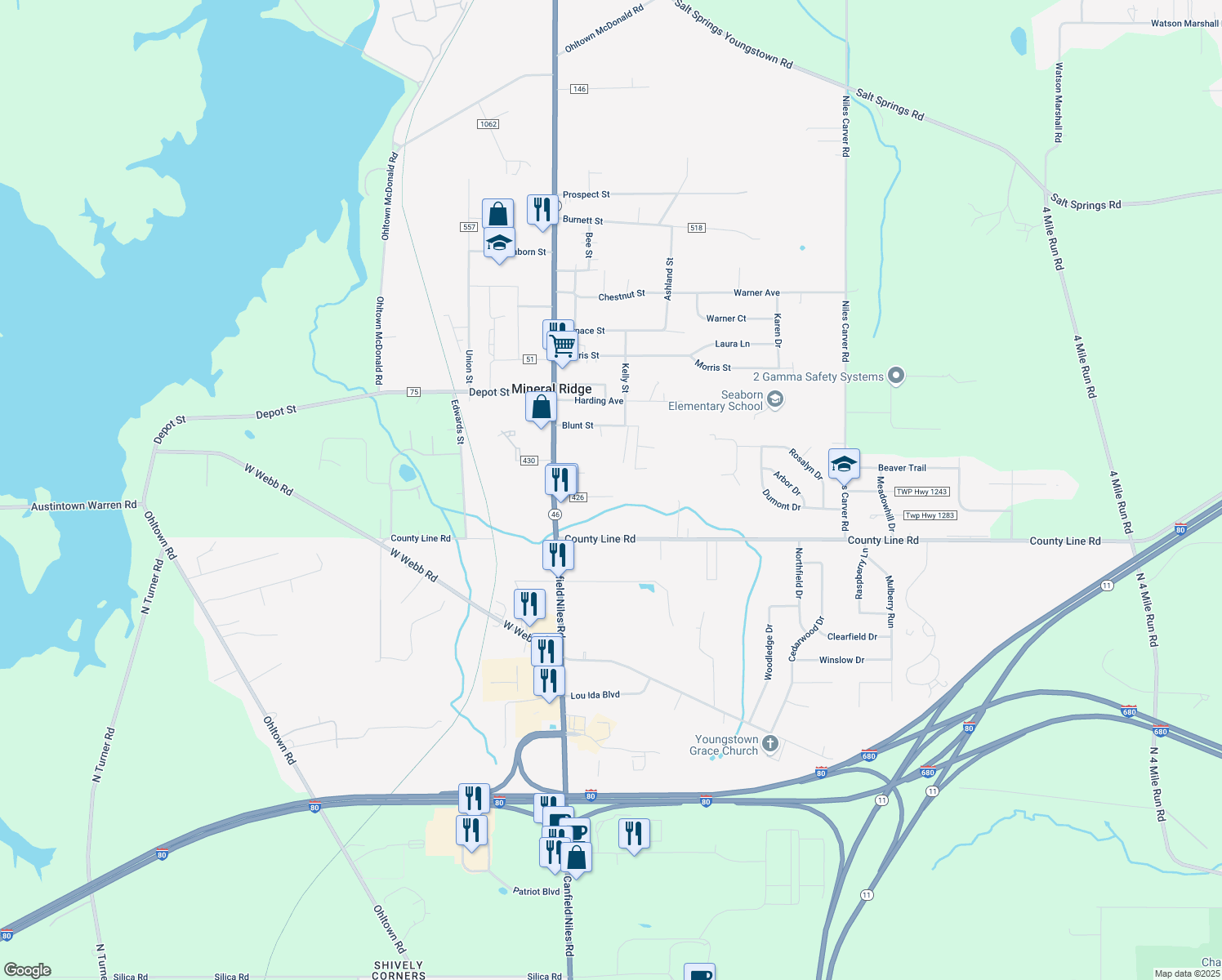map of restaurants, bars, coffee shops, grocery stores, and more near 1493 Lincoln Ave in Mineral Ridge