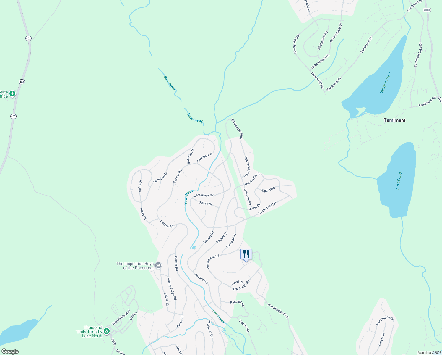 map of restaurants, bars, coffee shops, grocery stores, and more near Decker Road in Bushkill