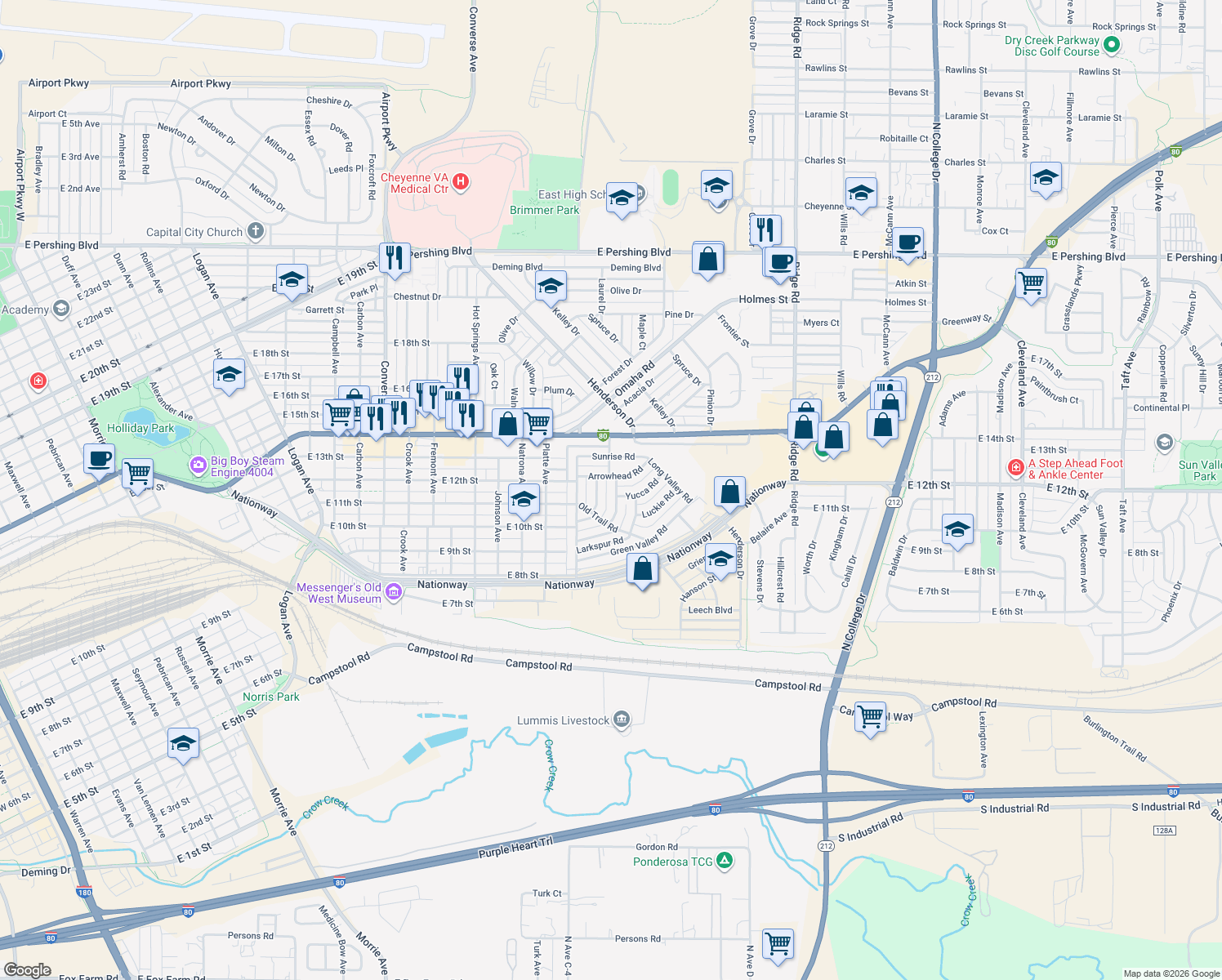 map of restaurants, bars, coffee shops, grocery stores, and more near 1114 Rosebud Rd in Cheyenne
