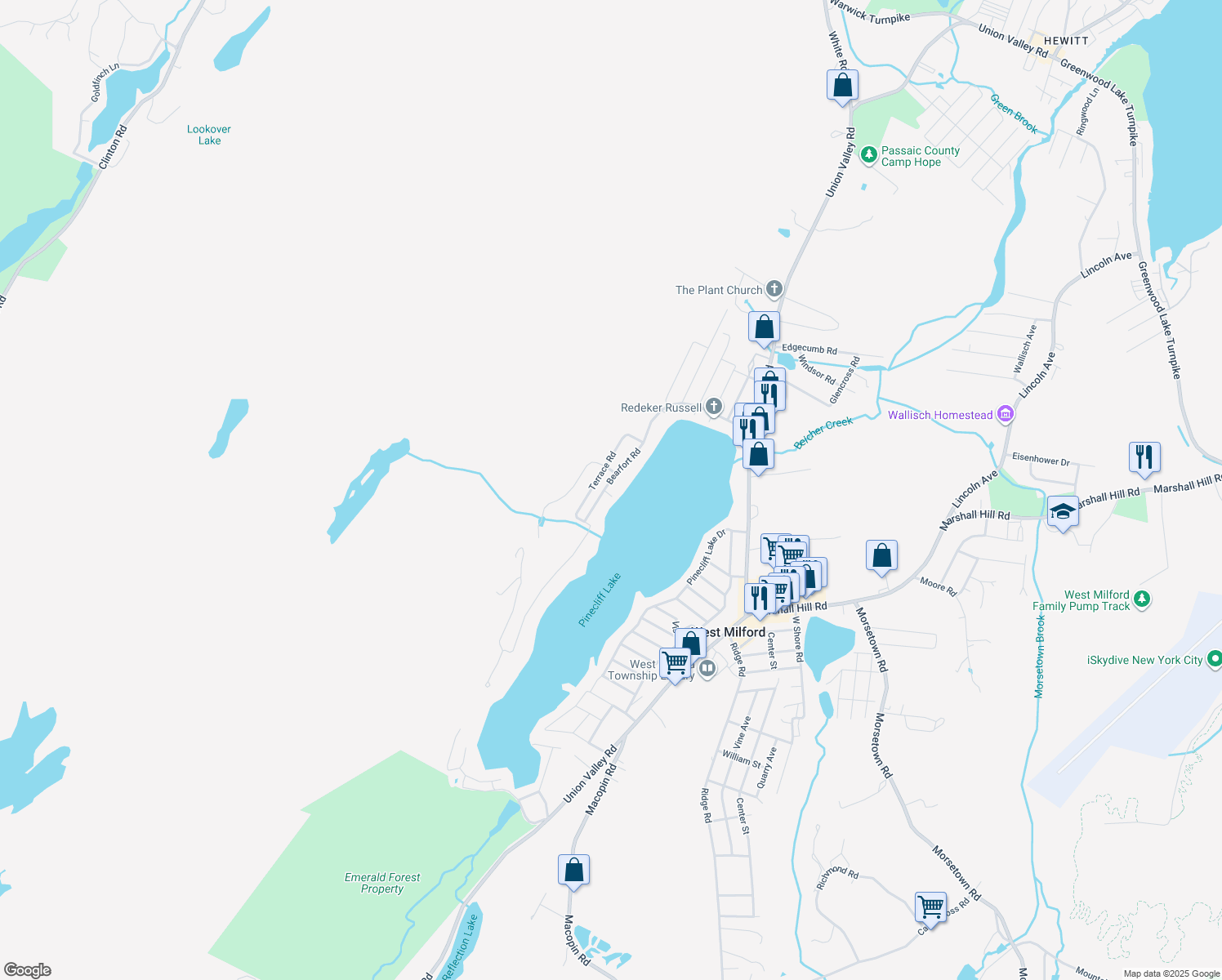 map of restaurants, bars, coffee shops, grocery stores, and more near 113 Bearfort Road in West Milford