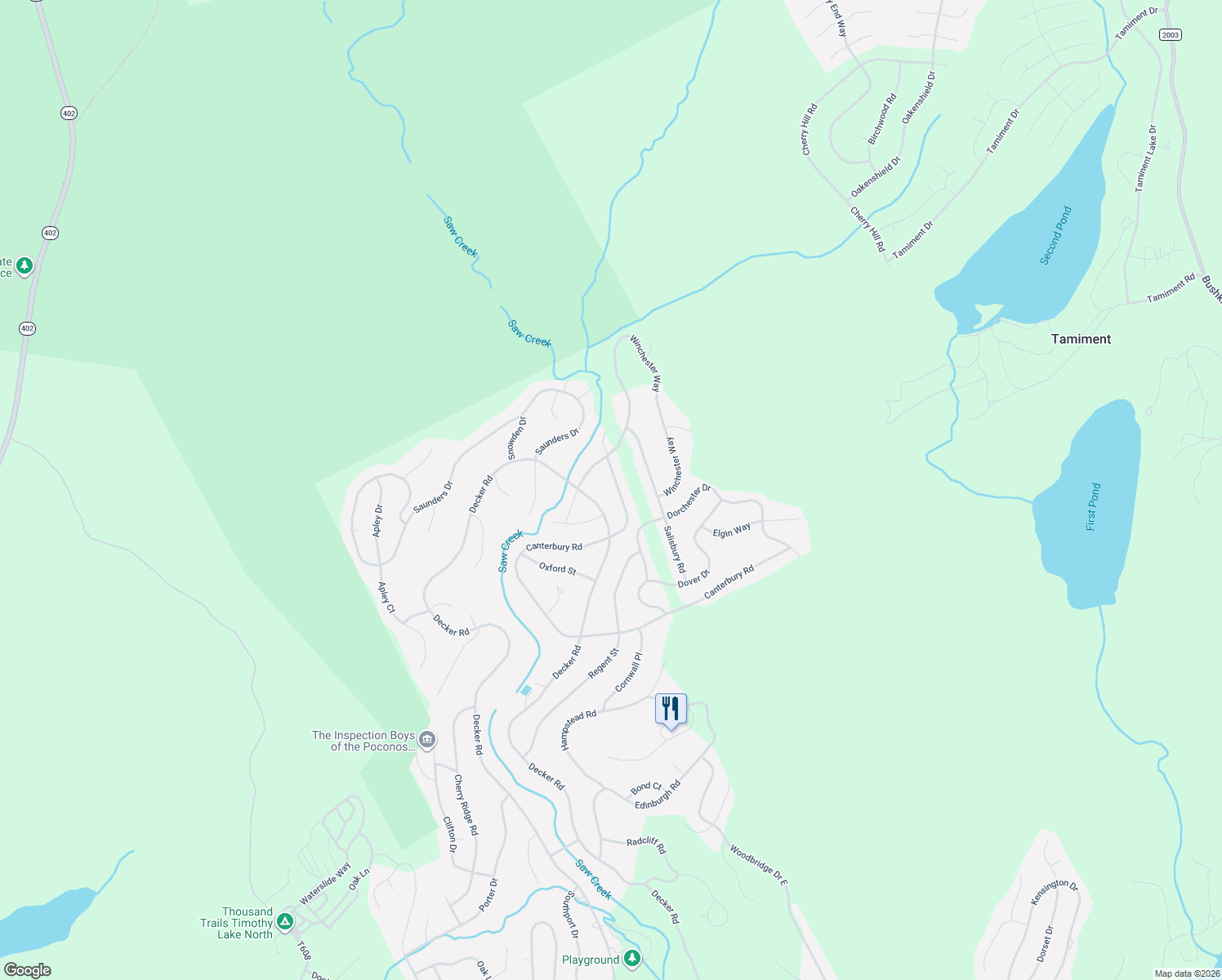 map of restaurants, bars, coffee shops, grocery stores, and more near Decker Road in Bushkill