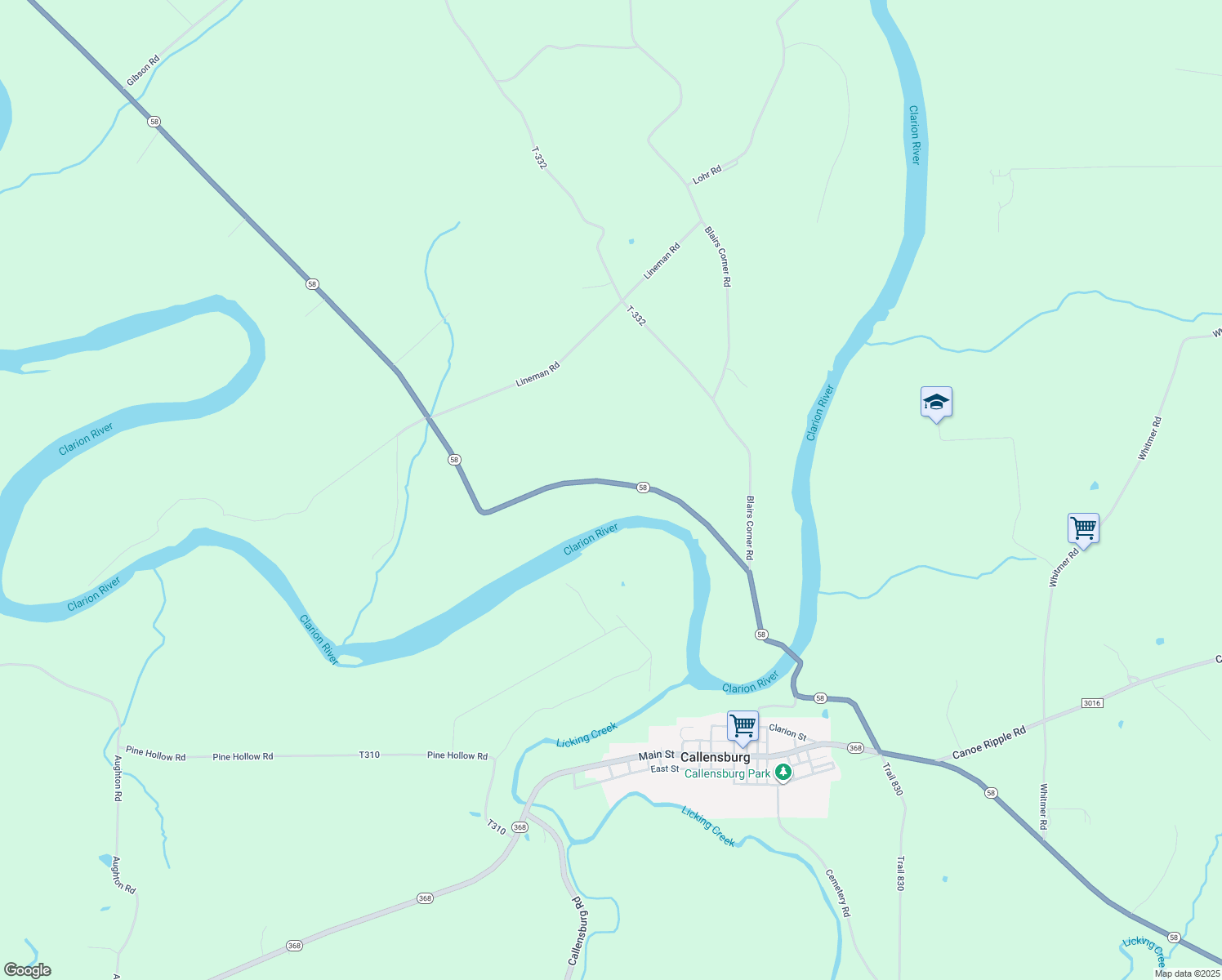 map of restaurants, bars, coffee shops, grocery stores, and more near 8472 Pennsylvania 58 in Emlenton