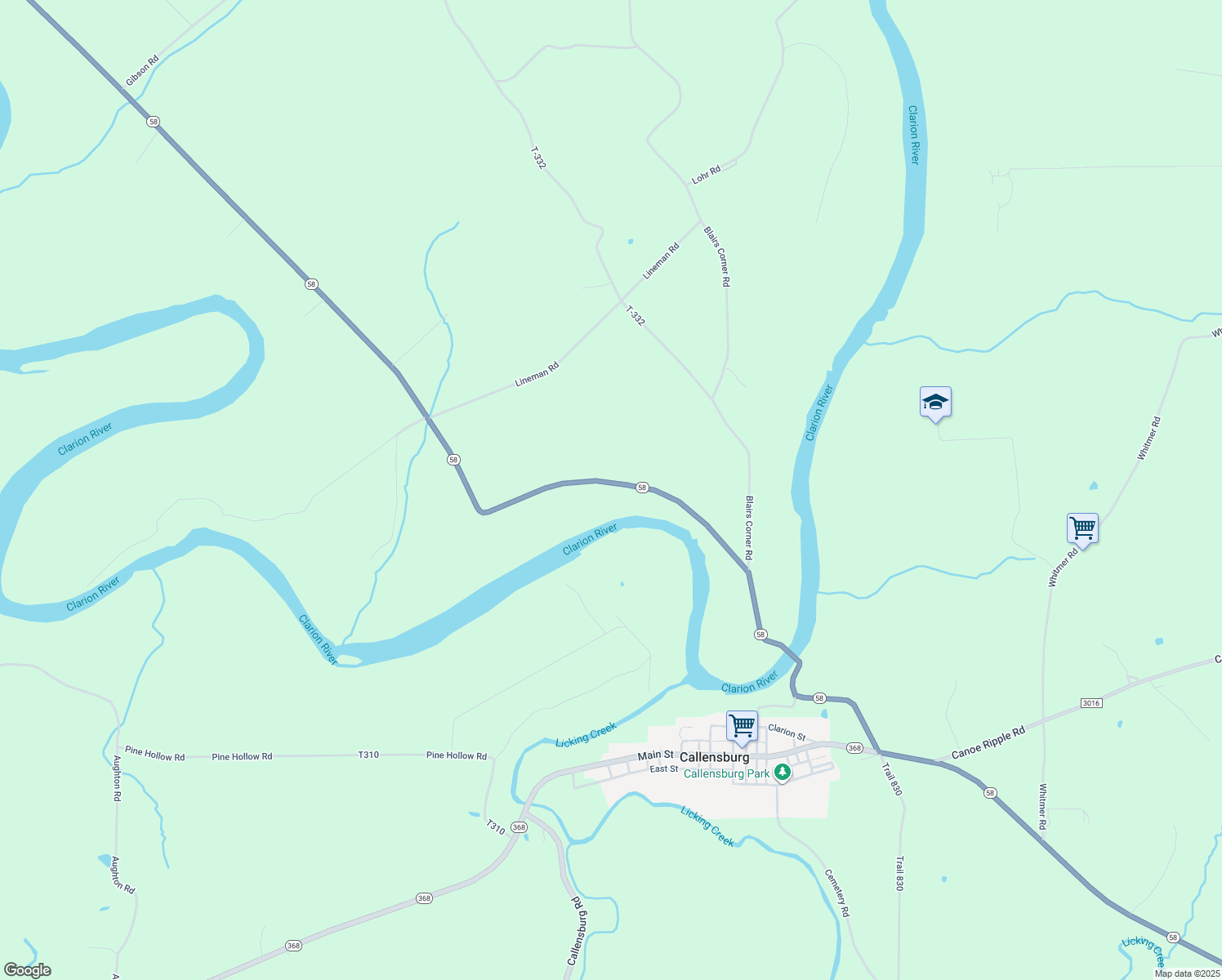 map of restaurants, bars, coffee shops, grocery stores, and more near 8472 Pennsylvania 58 in Emlenton