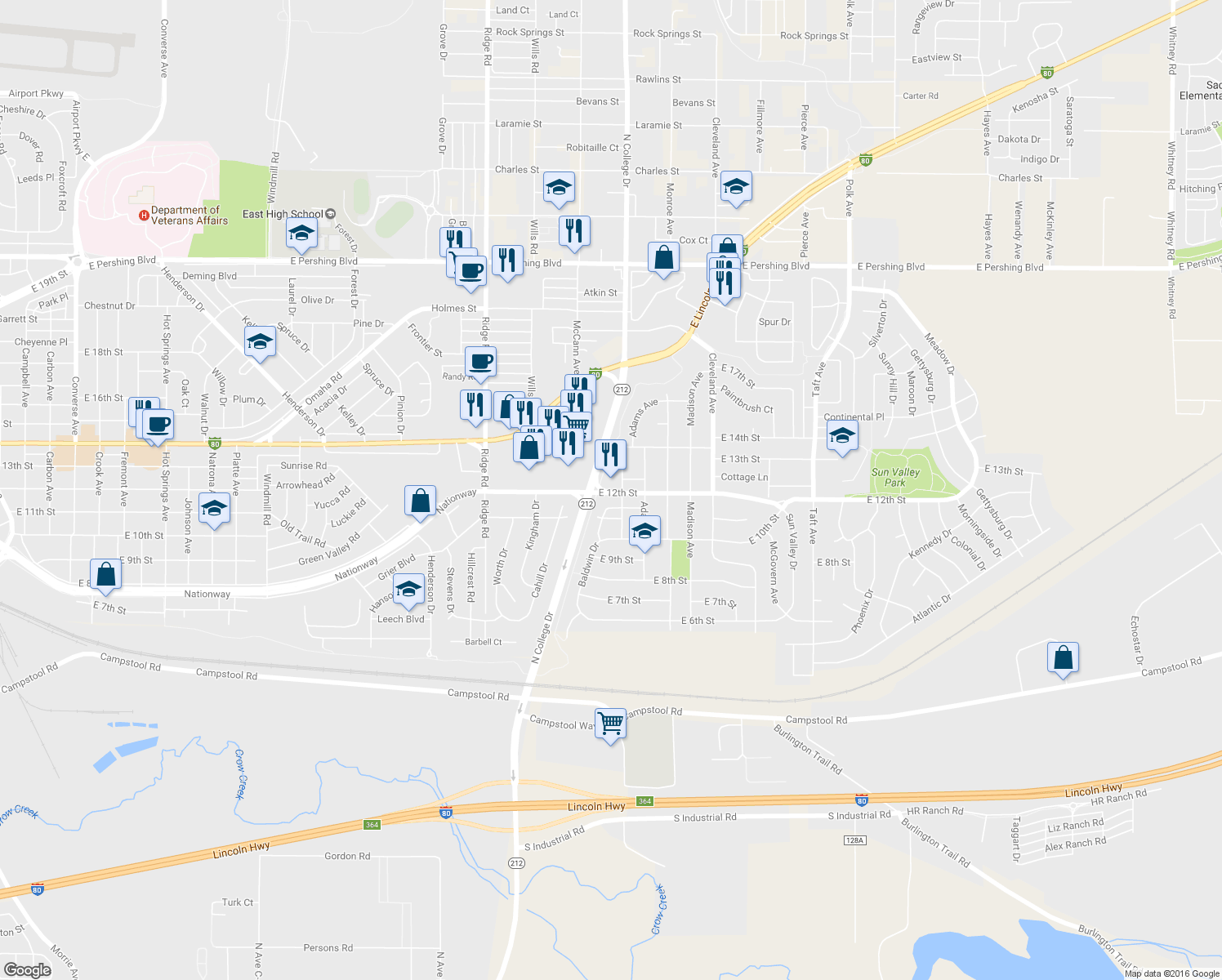 map of restaurants, bars, coffee shops, grocery stores, and more near 1198 Diamond Ave in Cheyenne