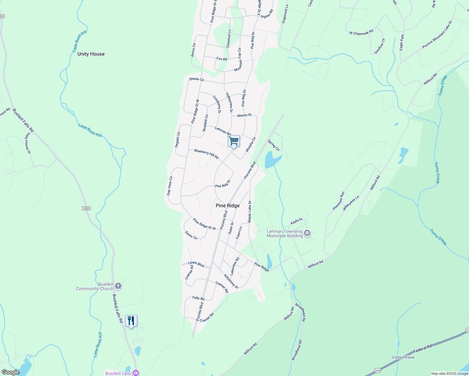 map of restaurants, bars, coffee shops, grocery stores, and more near 345 Pocono Boulevard in Pine Ridge
