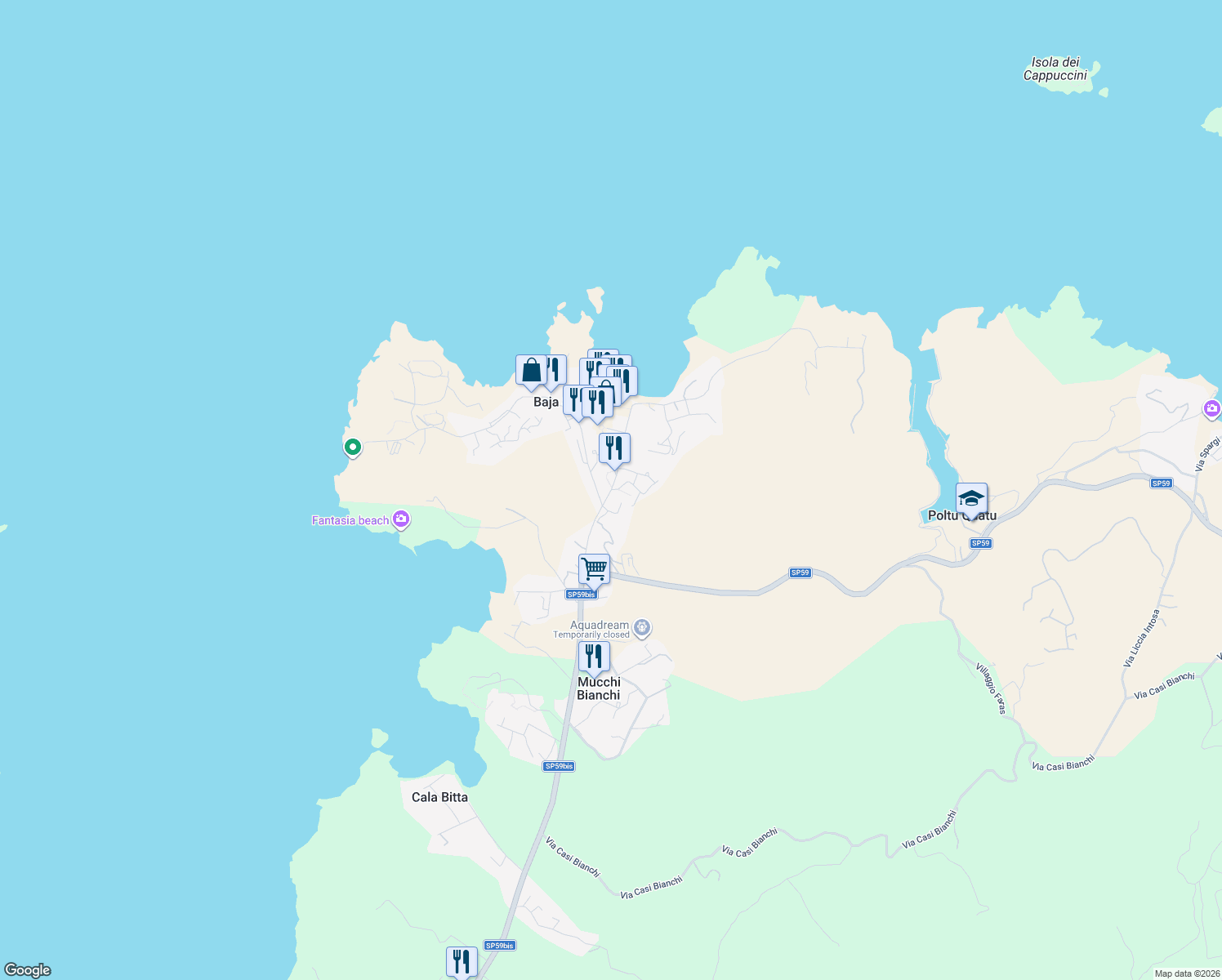 map of restaurants, bars, coffee shops, grocery stores, and more near 101 Strada dei Pini in Baja Sardinia