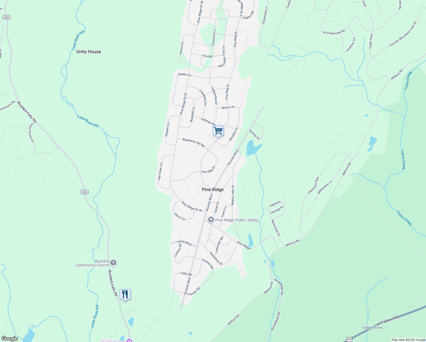 map of restaurants, bars, coffee shops, grocery stores, and more near 1450-1456 Pineridge Drive East in Bushkill