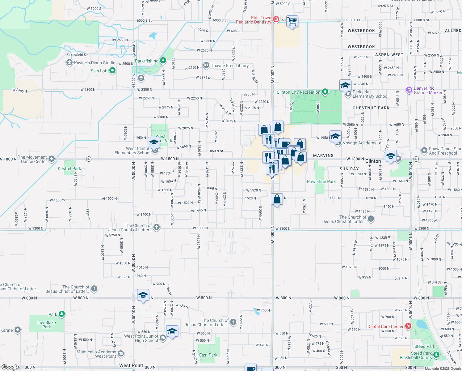 map of restaurants, bars, coffee shops, grocery stores, and more near 1609 North 2275 West in Clinton