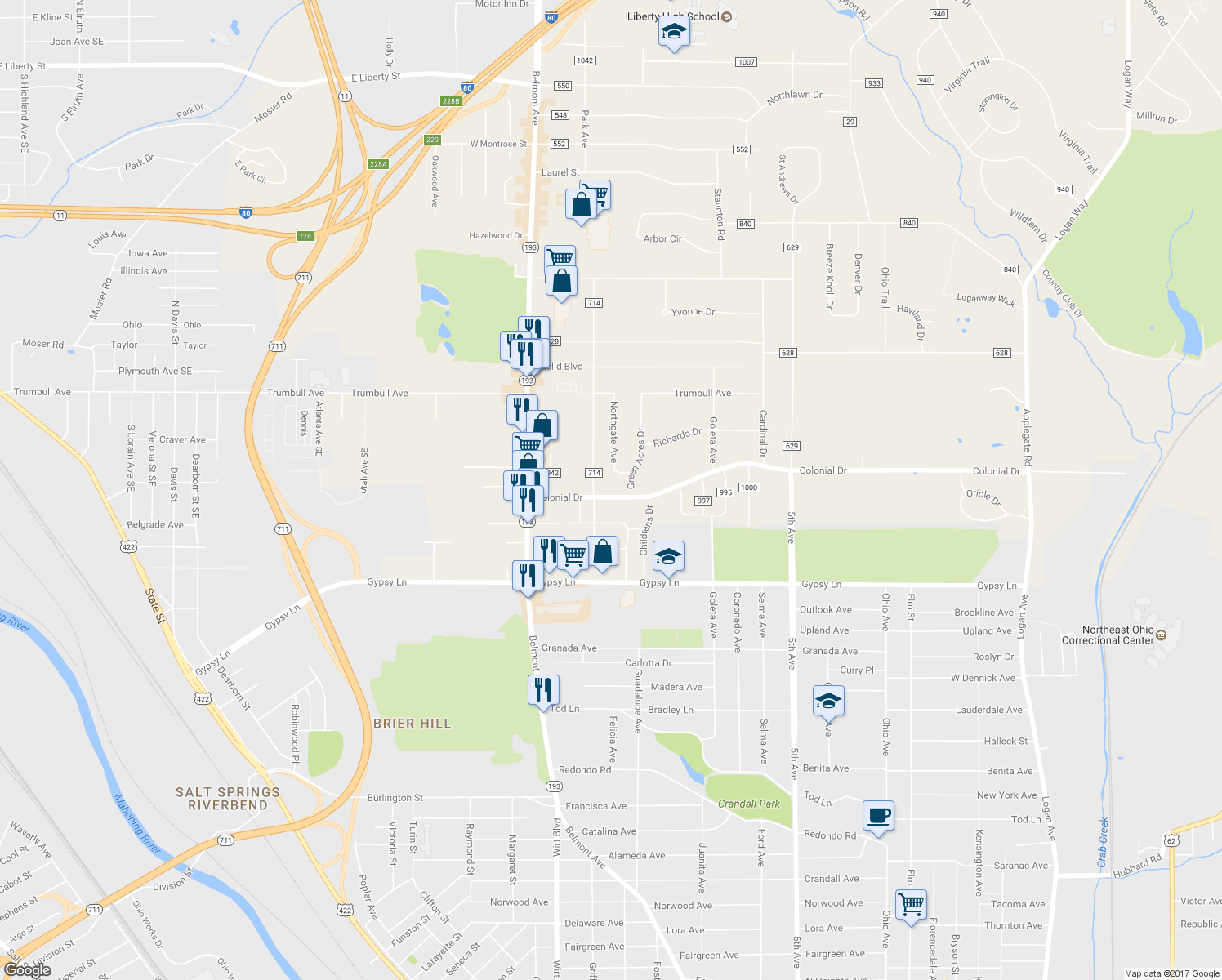 map of restaurants, bars, coffee shops, grocery stores, and more near 214 Colonial Drive in Youngstown