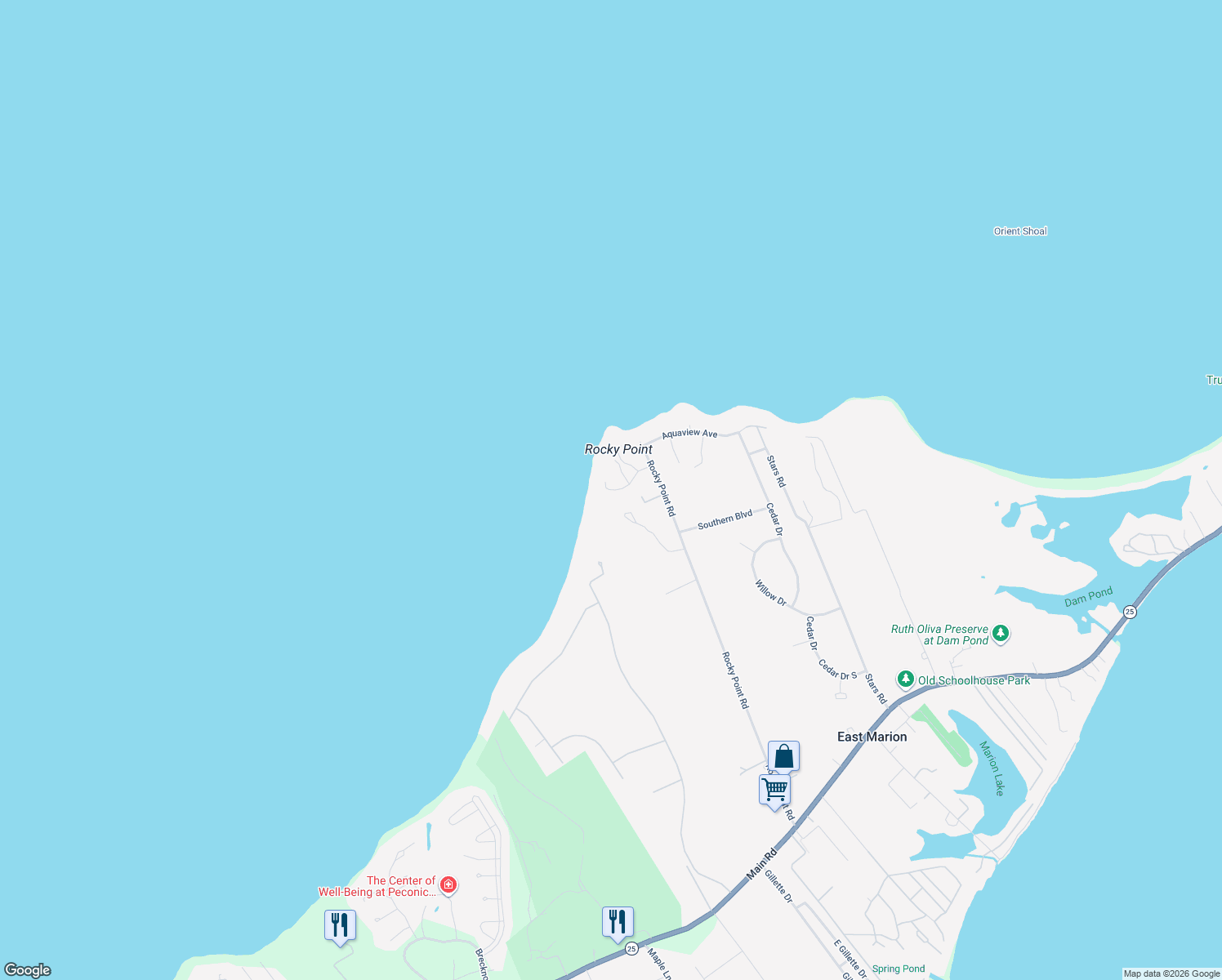 map of restaurants, bars, coffee shops, grocery stores, and more near 357 Rosenburg Rd in East Marion