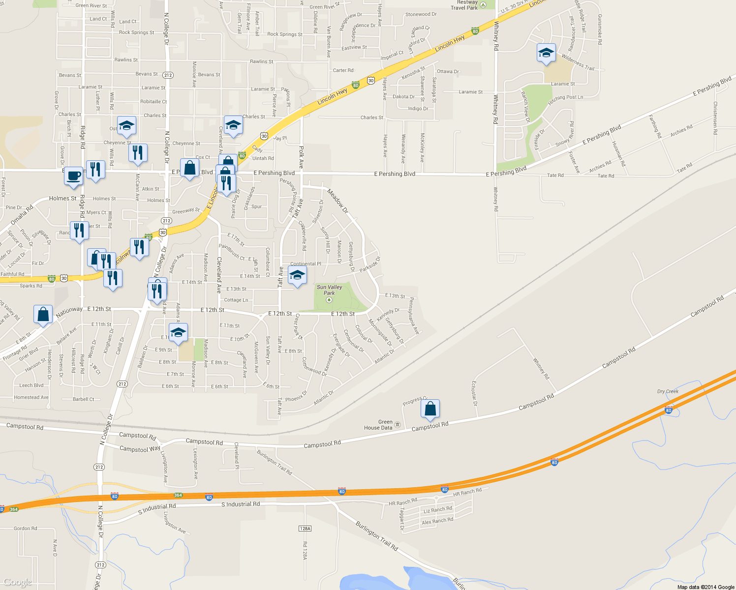 map of restaurants, bars, coffee shops, grocery stores, and more near 1323 Gettysburg Dr in Cheyenne