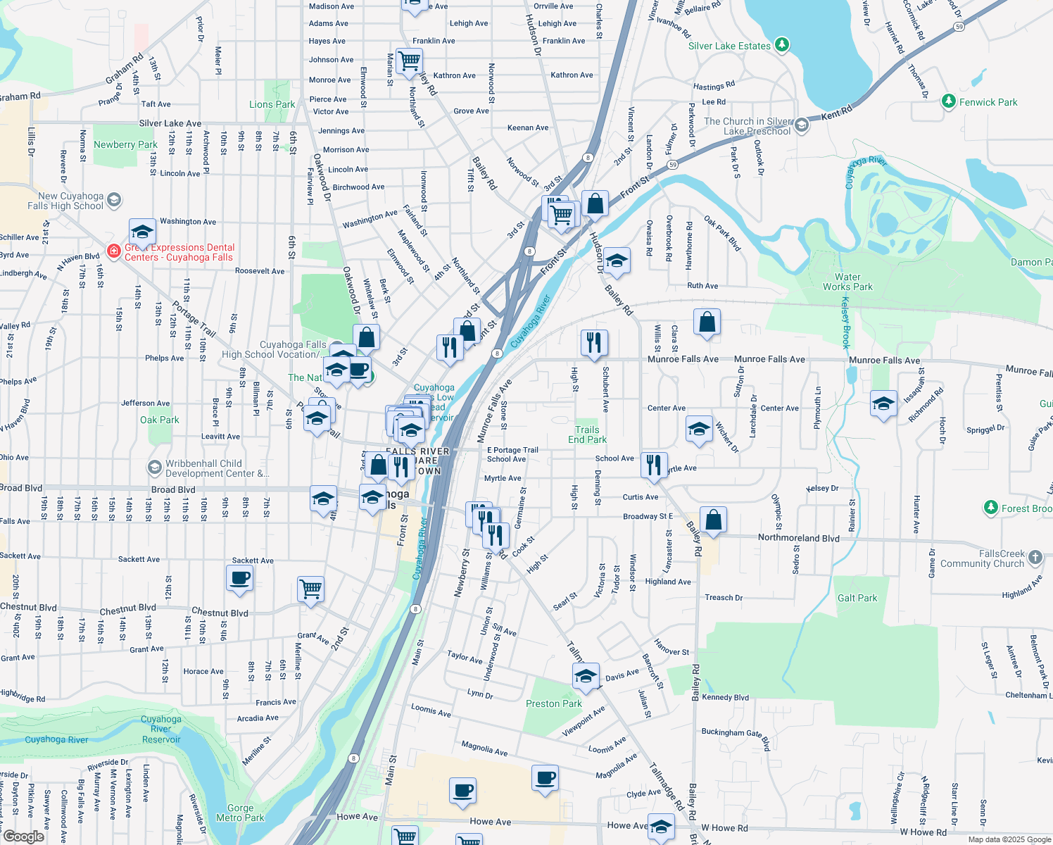 map of restaurants, bars, coffee shops, grocery stores, and more near 449 Jackson Street in Cuyahoga Falls
