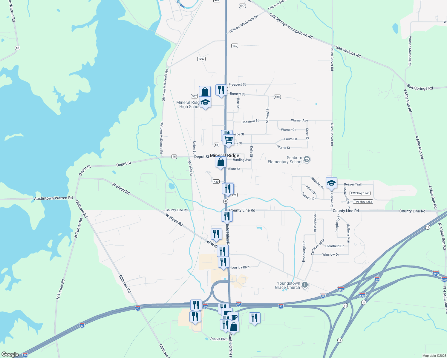 map of restaurants, bars, coffee shops, grocery stores, and more near 3872 S Main St in Mineral Ridge