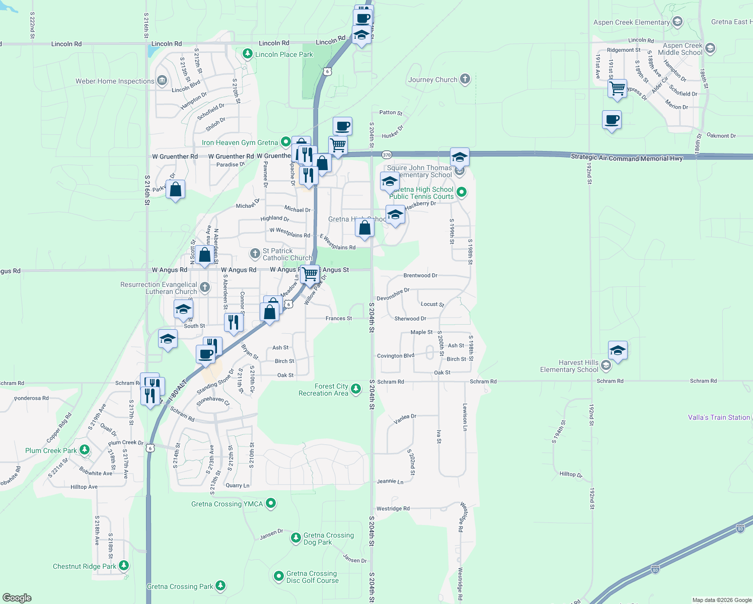 map of restaurants, bars, coffee shops, grocery stores, and more near 11575 South 204th Street in Gretna