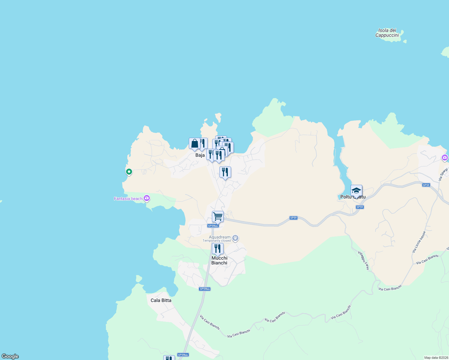 map of restaurants, bars, coffee shops, grocery stores, and more near 101 Strada dei Pini in Baja Sardinia