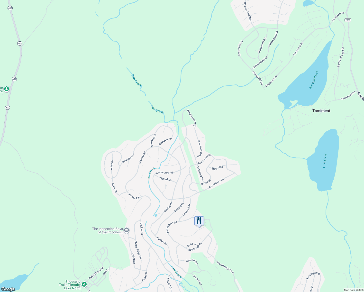 map of restaurants, bars, coffee shops, grocery stores, and more near 221 Saw Creek Estate in Bushkill