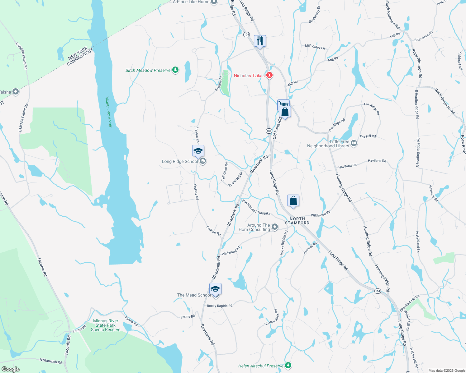 map of restaurants, bars, coffee shops, grocery stores, and more near 52 Round Hill Drive in Stamford