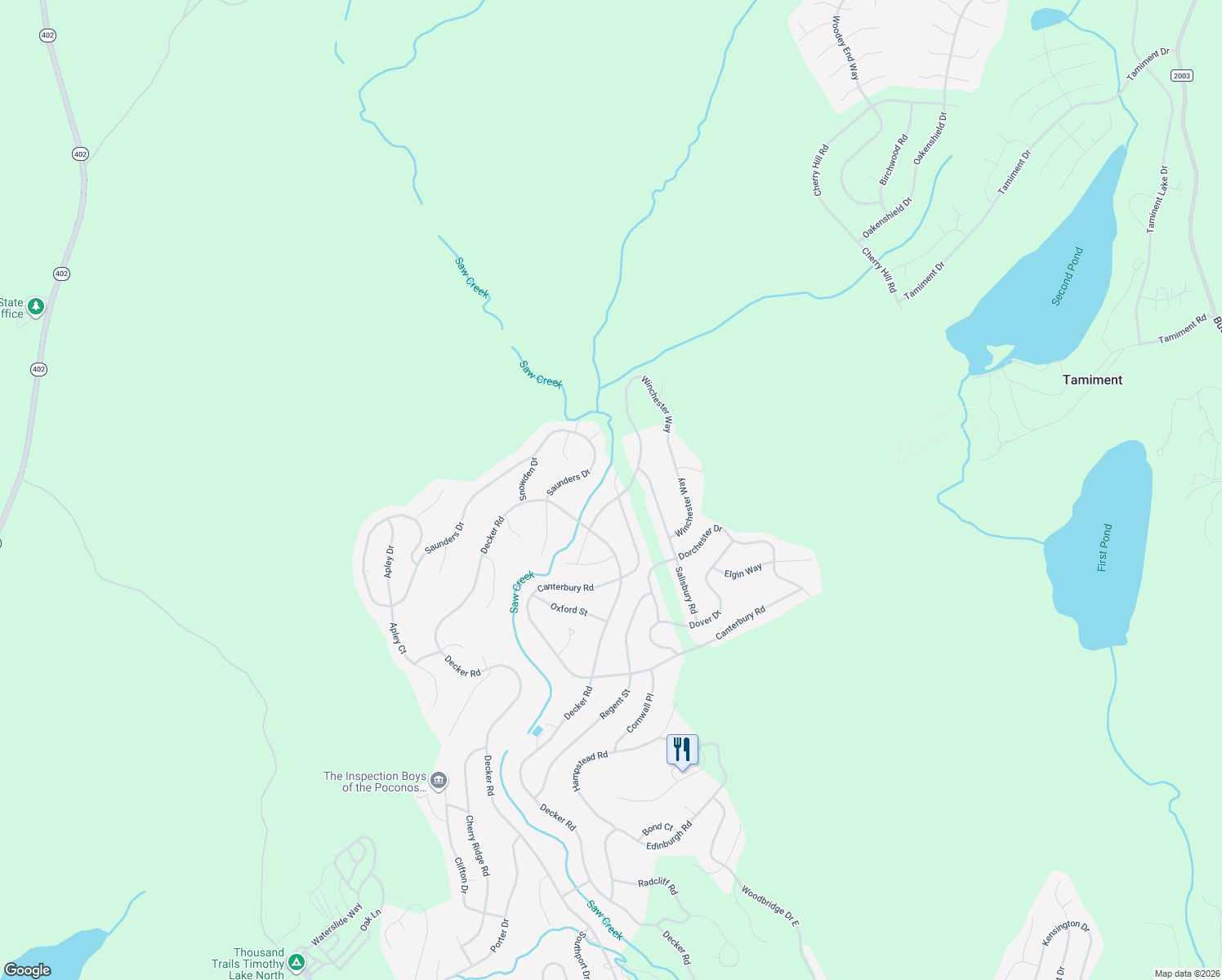 map of restaurants, bars, coffee shops, grocery stores, and more near Winchester Way in Bushkill