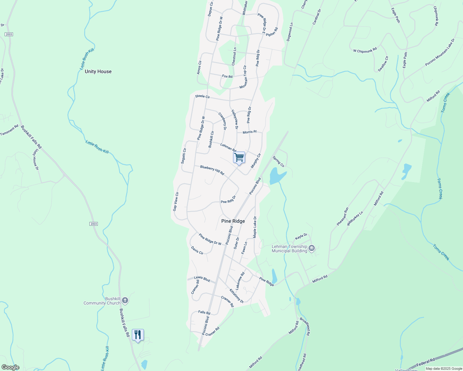 map of restaurants, bars, coffee shops, grocery stores, and more near 2110 Dogwood Circle in Bushkill