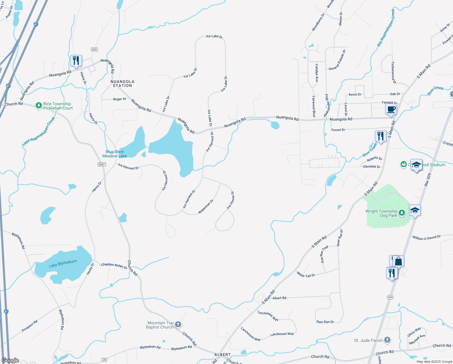 map of restaurants, bars, coffee shops, grocery stores, and more near 707 Ice House Drive in Mountain Top