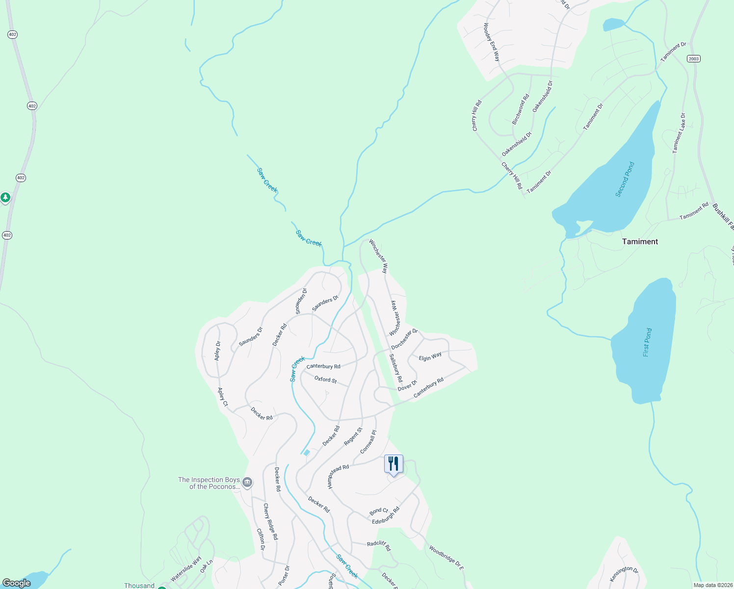 map of restaurants, bars, coffee shops, grocery stores, and more near Winchester Way in Bushkill