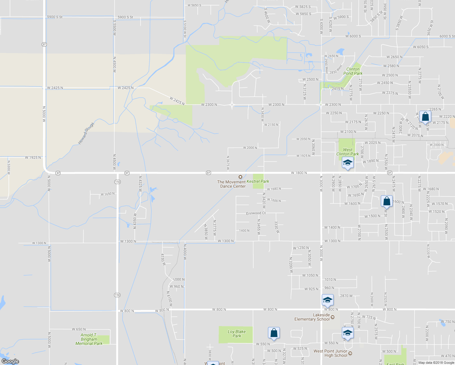 map of restaurants, bars, coffee shops, grocery stores, and more near 3677 West 1800 North in West Point