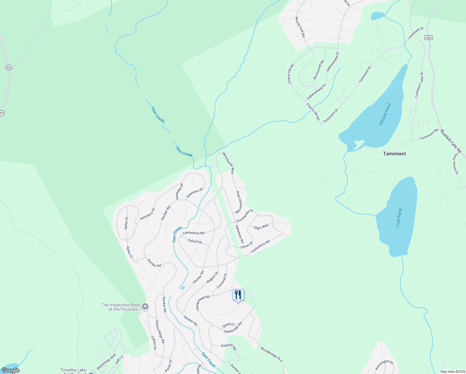 map of restaurants, bars, coffee shops, grocery stores, and more near 1090 Winchester Way in Bushkill