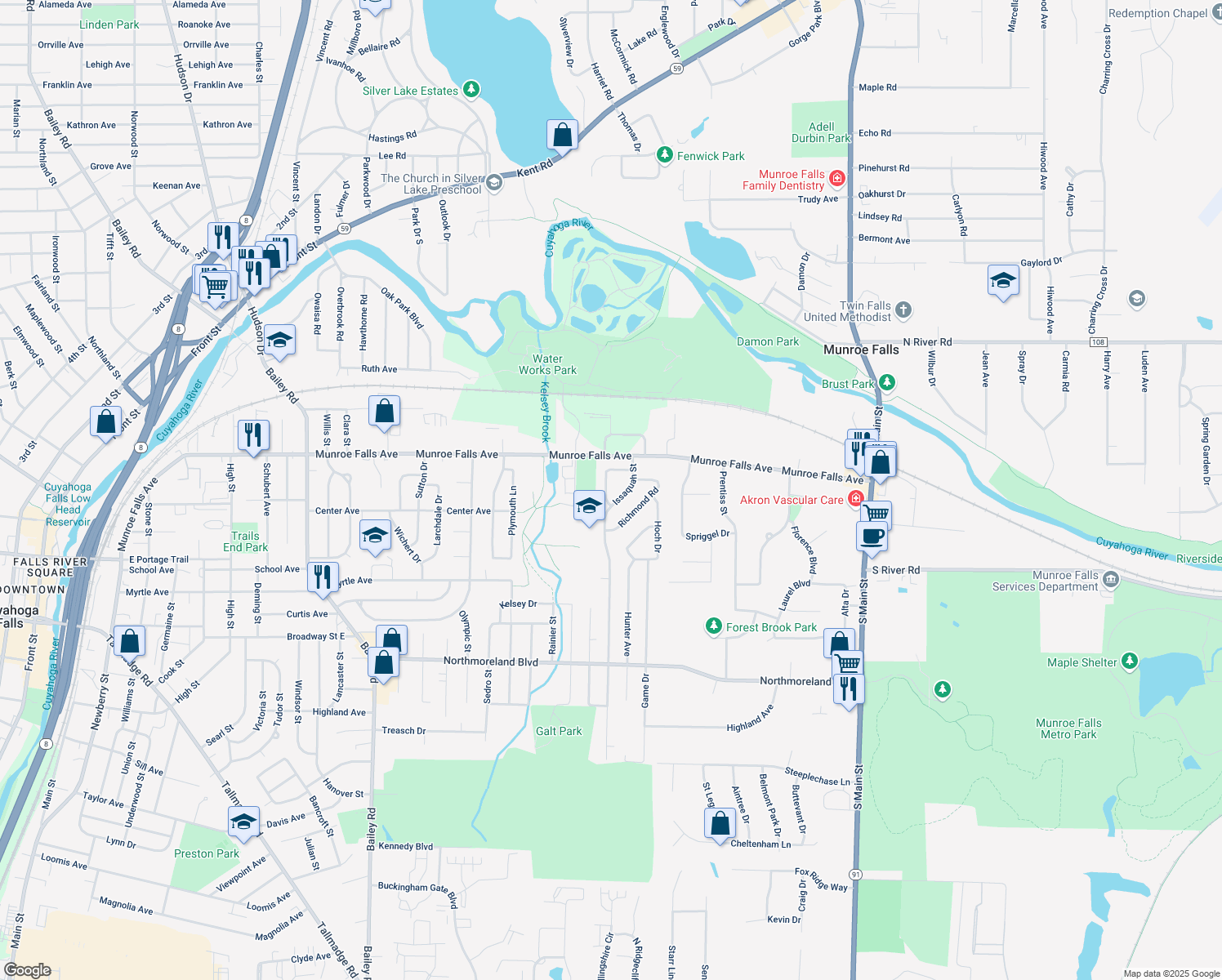map of restaurants, bars, coffee shops, grocery stores, and more near 2321 Frederick Drive in Cuyahoga Falls